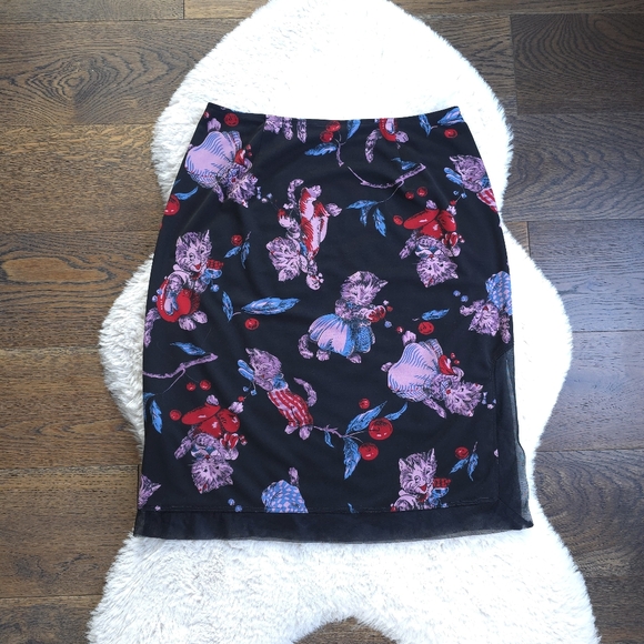 RARE Vintage Betsey Johnson Kitten Cherry Print Midi Skirt - Picture 1 of 10